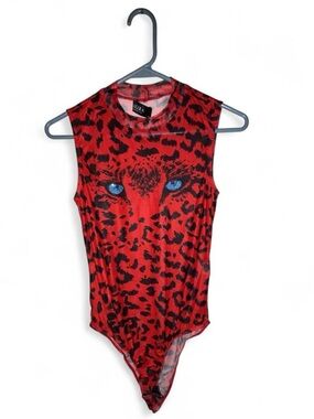 AKIRA Red and Black Leopard Print Bodysuit with Blue Eye Detail